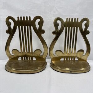 Vintage Harp Solid Brass Book Ends Musical Symbol Pair lyre Celtic Bookends Gold
